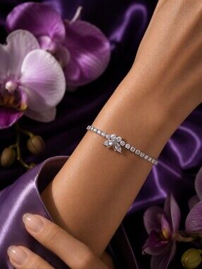 Platinum-Color Tennis Bracelet with Floral Accent